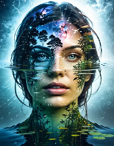 (double exposure:1.3), female face effect, imposed on the pond,  super detailed，galaxy