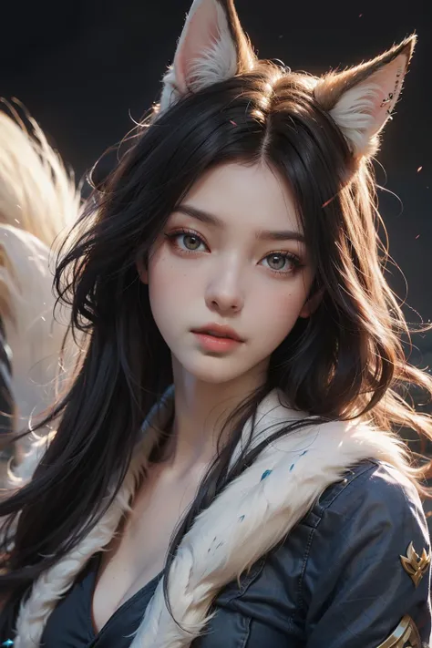 Ahri de league of legends, Hyper realistic, ((best quality)), ((masterpiece)), (detailed), nine tails, white fox ears, full length portrait, Going, background with magical kingdom, 8k resolution