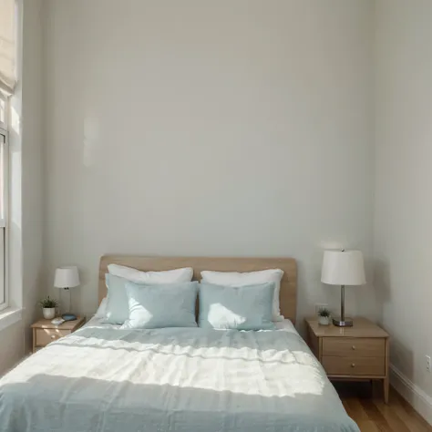 The bedroom. Painted in soft, relaxing tones like light blue and white, the space is elegantly yet cozily decorated. A large bed with white sheets and colorful pillows is the centerpiece of the room, inviting relaxation. On one side, a small nightstand hol...