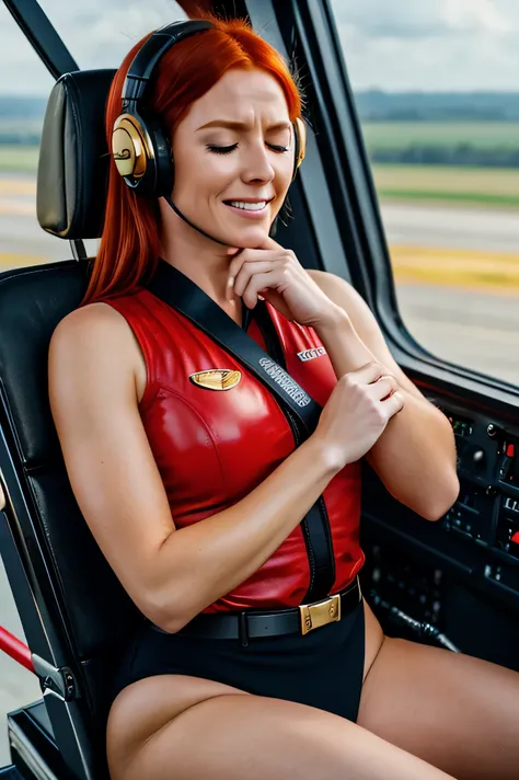 Beautiful red haired woman, pilot, sitting in a helicopter, holding the control stick, wearing gold leotards, black belt, eyes closed, crying, grimacing in pain, suffering from a bad headache, headset