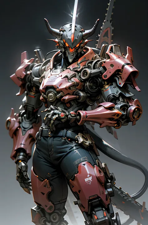 Dark fantasy cyberpunk  dragon robot,chainsaw, ((chainsaw teeth and tail)),red armor,high contrast, mechanical body,neon lightning, neon lights,  mecha cyberpunk dragon ,modern,minimalistc, broken armor,dragon  robot,fully detailed, dynamic, bokeh shot,cow...