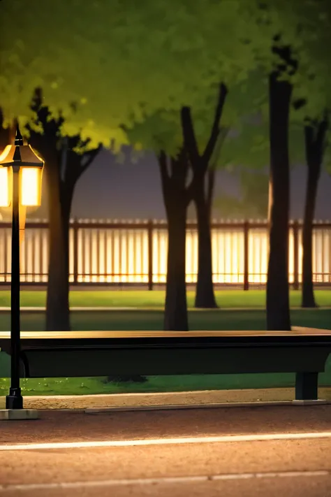 a park at night, darkness. blurry. park with benches. trees. close angle