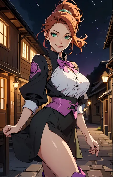 a beautiful woman, 30 yo, ginger hair, very fancy hairstyle, shimmering green eyes, alluring smirk, wearing a purple and pink blaser, skirt, high black boots, old village in the background, intricate details, nighttime, beautiful lights,