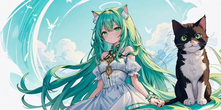 long hair, green eyes, Necessary, Cat, cyan hair color, nothing, cat