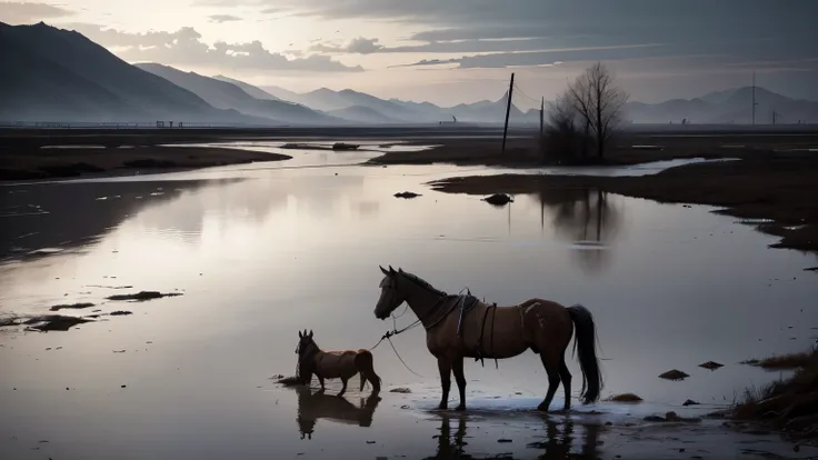 A small stool floats on muddy, dirty water, while a horse is tied up and stuck on the other side of the river. The scene is tense and gritty, with murky water and the horse looking stranded. A wide-angle shot captures the rough and desolate atmosphere of t...