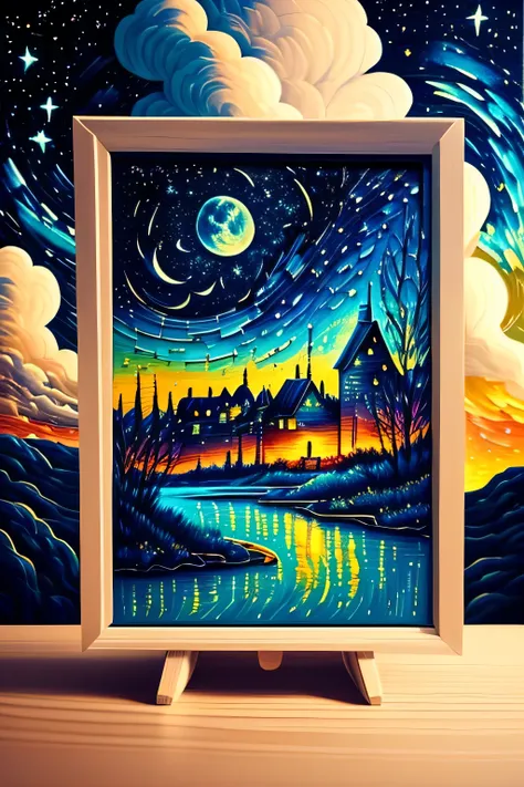 generate an image of an handmade modern oil painting on a canva. The surface of the image is richly textured from the brush and the dried paint creating a 3d effect. The image features a scenic wiev of an cityscape. It is evening with an dramatic nightsky ...