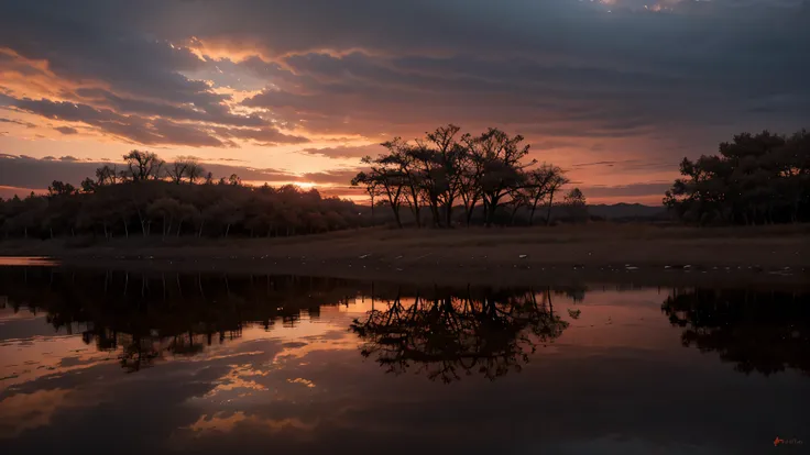 Create a dramatic and evocative landscape depicting a bloody sunset over a vast, tranquil lake. The sky is filled with intense shades of red and orange, with dark, ominous clouds framing the scene. Reflections of the fiery sunset ripple on the waters surfa...