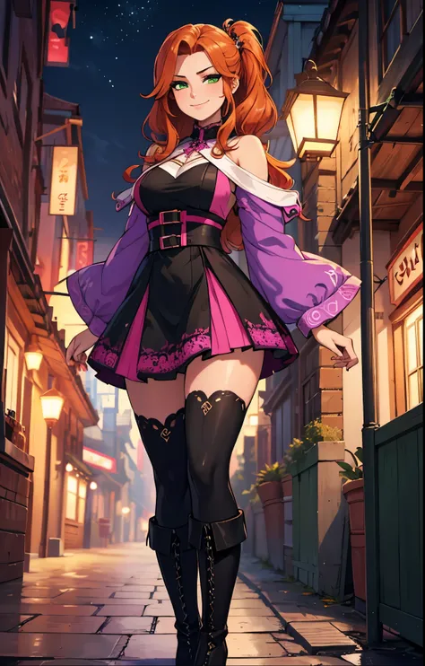 a beautiful woman, 30 yo, ginger hair, very fancy hairstyle, shimmering green eyes, alluring smirk, wearing a purple and pink blaser, skirt, high black boots, old village in the background, intricate details, nighttime, beautiful lights,