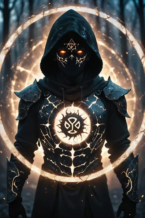 dark ghostly silhouette of a man. messenger of gaa. cracked skin. light armor. cracked armor. canvas hood. rune circle. elements...