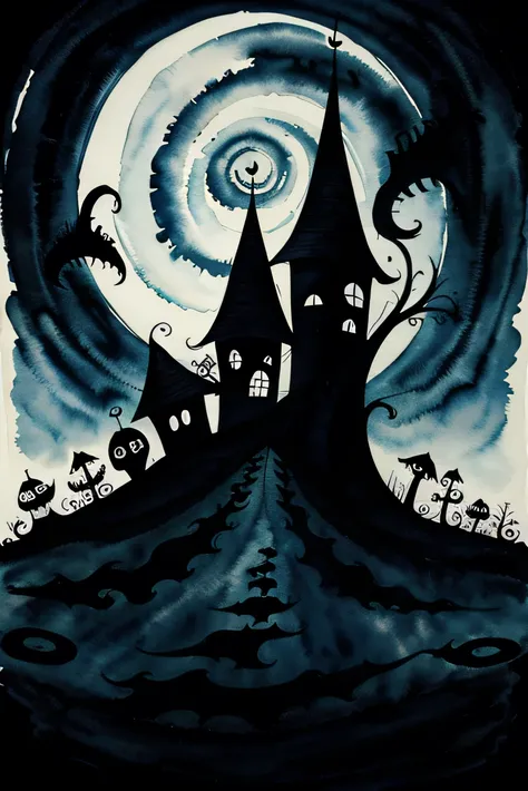 tim burton style design, swirly black linework, watercolor background, spooky, eerie, fox
