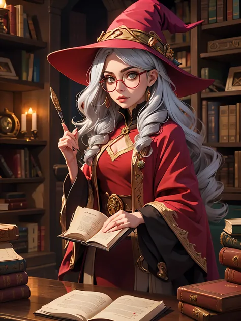 Woman in red hat and glasses holding a book,silver hair,she wears Harry Potter glasses, Maya Ali as D&D sorceress, holding spell book, dressed as witch, D&D magician, wearing a red wizard hat.