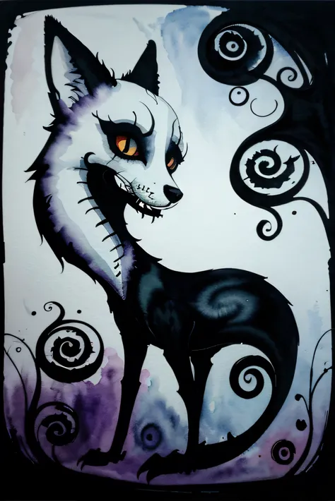 tim burton style design, swirly black linework, watercolor background, spooky, eerie, fox playing 
