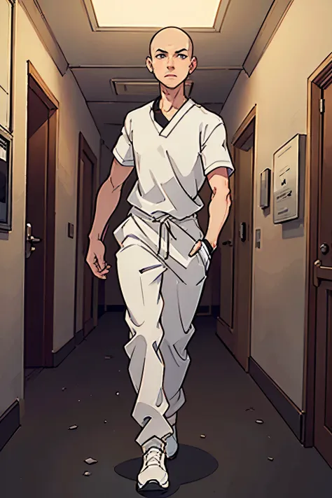 Tall, lanky male orderly with thin but strong limbs and a bald head, pale skin, wearing a dark cassis color scrubs, and clear white sweatpants, pushing a stretcher with wheels down a dark corridor of a hospital. background features several hospital workers...