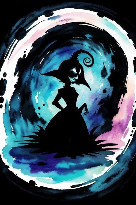 tim burton style design, swirly black linework, watercolor background, spooky, eerie, space 
