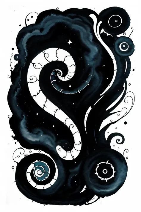 tim burton style design, swirly black linework, watercolor background, spooky, eerie, space 
