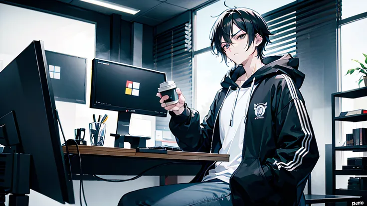 anime style, guy, Black hair, Black eyes, indifferent look, holding coffee in hand, in a black hoodie, white lab coat, black jeans, skinny build, sitting near the computer, sleepy, very tired