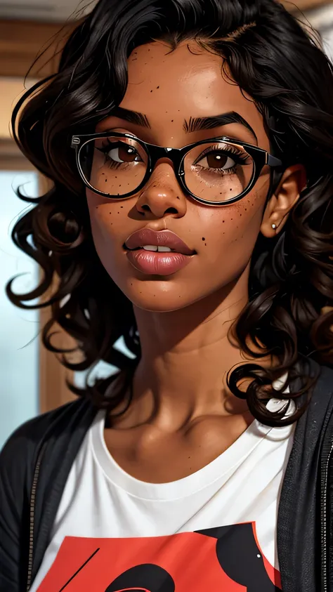 1girl, 2, glasses, curly hair, solo, lips, dark skin, black hair, realistic, freckles, messy hair, blurry, looking at viewer, nose, wavy hair, screen printed shirt, black-framed eyewear, brown eyes