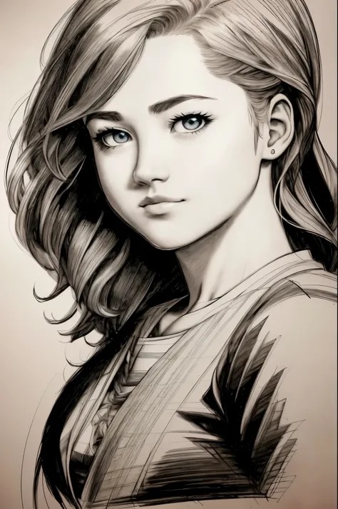 young Emma Robertson, intricate pencil sketch, expressive eyes, nose and mouth, Un-Zoom, jim lee (jim lee, Alexey Maleev) Right, In the center of the profile, - This is a key visual complex, With high detail, Breathtaking, Accurate lineart, Stunning panora...
