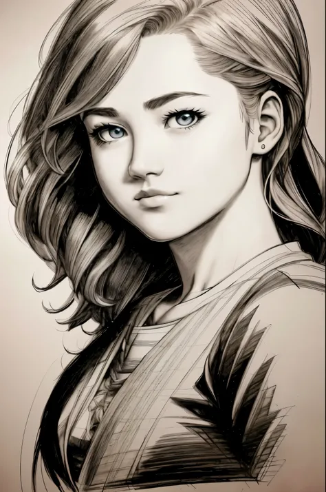 young Emma Robertson, intricate pencil sketch, expressive eyes, nose and mouth, Un-Zoom, jim lee (jim lee, Alexey Maleev) Right, In the center of the profile, - This is a key visual complex, With high detail, Breathtaking, Accurate lineart, Stunning panora...