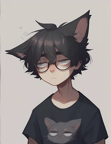 1 boy, alone, ppka, black fur, short hair, messy fur, parts, closed eyes, grey eyes, eyeglasses, lazy eyes, listless, looking sideways, sleepy, black t-shirt with cat logog in it

