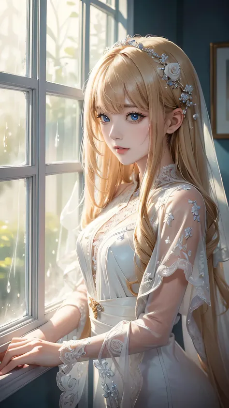 ((highest quality)), ((masterpiece)), ((Ultra-detailed)), (Very delicate and beautiful),Mysterious figure covered in translucent cloth,A girl with beautiful, detailed eyes,Abstract and mysterious girl, Long blonde hair, A swirl of dreamy pastel colors and ...