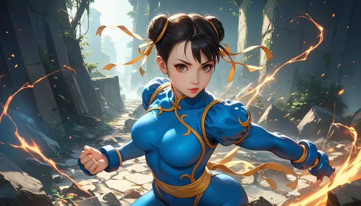 score_9, score_8_superior, score_7_superior, break, score_9, one girl, chunli (\street fighter)\, black hair, brown eyes, makesu...