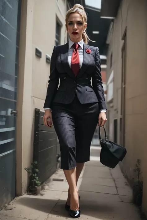 a beautiful giantess woman with blonde hair in a ponytail and red lips, wearing a perfectly fitted grey pinstriped suit and blaz...