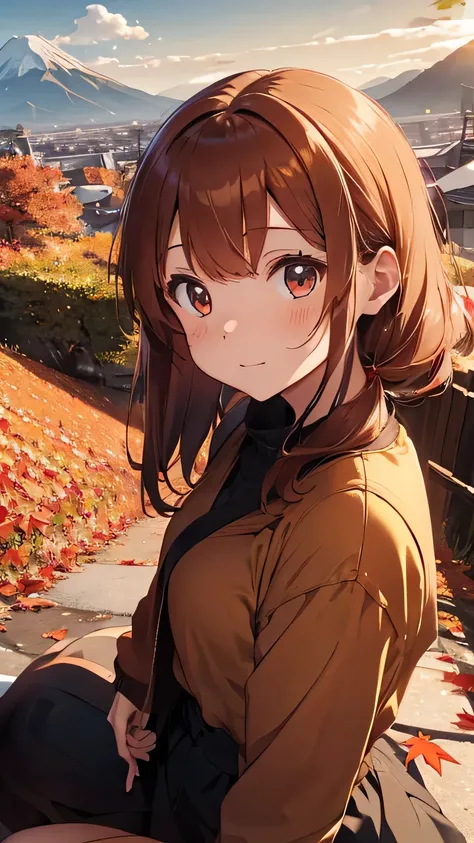 The ground is full of red leaves　golden Hair、Autumn Dresses、Kind Face、Warm lighting　Japanese anime style　Shortcuts　There are many autumn leaves on the ground at dusk　The background is mountains and autumn leaves　Autumn leaves are falling