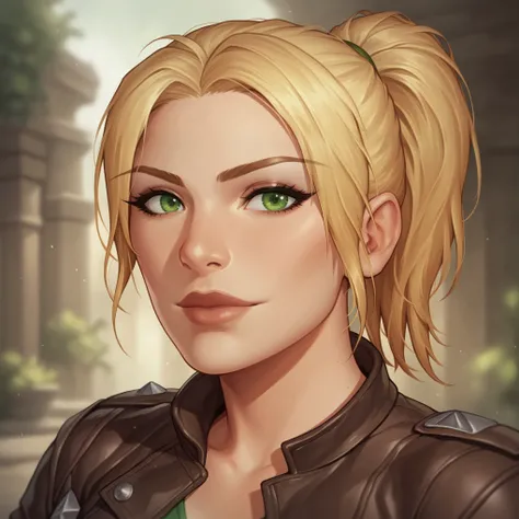 (((beautiful, high quality, comics style, detailed face))), score_9, score_8_up, score_7_up, BREAK, cowboy shot, solo, straight-on, solo, rogue female mercenary, leather jacket, blonde, ponytail, bangs, small, sexy body, looking at viewer, standing, fantas...