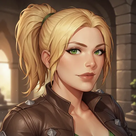 (((beautiful, high quality, comics style, detailed face))), score_9, score_8_up, score_7_up, BREAK, cowboy shot, solo, straight-on, solo, rogue female mercenary, leather jacket, blonde, ponytail, bangs, small, sexy body, looking at viewer, standing, fantas...