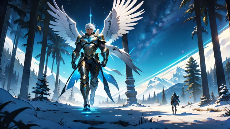 a giant muscular male ancient angel, with highly technological shiny silver armor, with golden lights like golden neon passing through the armor in a harmonious way. It has six giant plasma wings that simulate an Eagle . In his hands he has a large silver ...