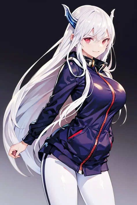 ,kyouka from demon slave ,long white hair,smile,detailed face,8k,best quality,detailed body, leggings,jacket ,hoodie