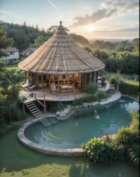 Real hut with swimming pool