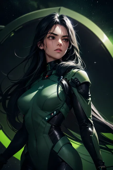 　Perfect Anatomy　Best Quality,Highest Resolution,(((Dark green space suit　Black Hair　Long Hair)))　Space Opera　Spaceship　cockpit　flat chest