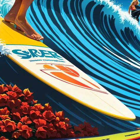 (Best quality, 8k, Masterpiece) female surfer standing on a surfboard in front of a wave, jen bartel, cover of surfer magazine, surf, concept piece, detailed digital illustration, superior detail, crisp smooth lines, poster illustration, by David G. Sorens...