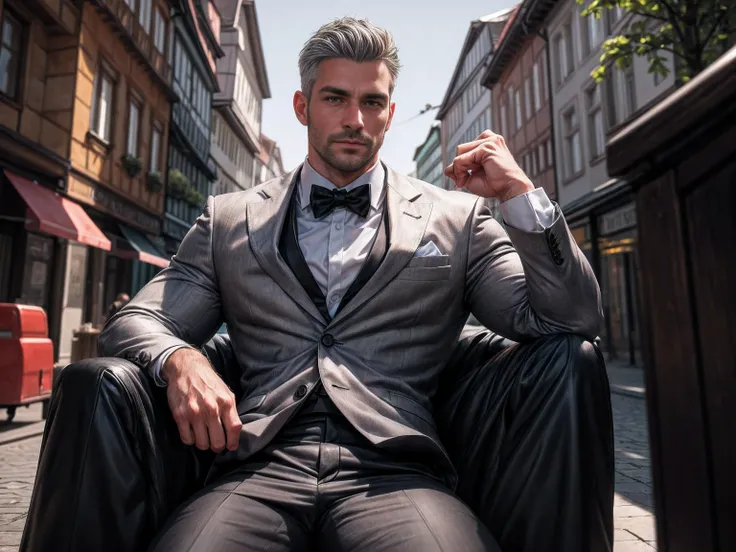 Best quality, masterpiece, ultra high res,detailed background,solo,male,mature,bara,muscular,mature male,silver formal suit,office,salaryman,sitting on chair,plants,looking at viewer,from below,depth of field,, mature male, arm hair, ! Skinny and tall!(Che...