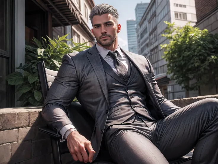 Best quality, masterpiece, ultra high res,detailed background,solo,male,mature,bara,muscular,mature male,silver formal suit,office,salaryman,sitting on chair,plants,looking at viewer,from below,depth of field,, mature male, arm hair, ! Skinny and tall!(Che...