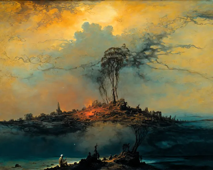 Obscured by clouds by Salvador Dali,Magic,(style of Jean-Antoine Watteau):0.1. ,     The image is a digital artwork depicting a serene scene on a sandy shore at sunset, with a small figure standing at the bottom. The image is a captivating depiction of an ...