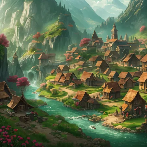 in a medieval fantasy world, a small village near the mountains, with a river and a forest 