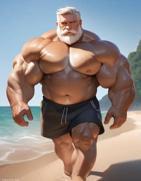 solo, 1boy, Muscular Old man, wide shoulder, pectoral, thick arms, huge pectoral, wide pectoral, walking on beach, short hair, white hair, detailed eyes, shorts, sweat, shirtless, masterpiece, semirealistic:1.2, high detailed, 8k, high resolution