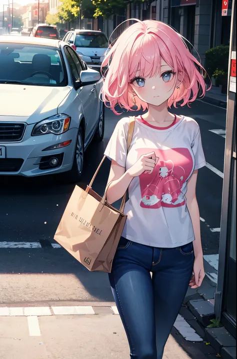 A vision flow of a beautiful woman walking down a street, her pink t-shirt and faded blue jeans illuminated by the sun, a red car passing in the background, and a world of shimmering light,