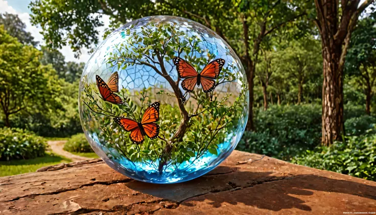 (masterpiece),(Best Quality:1.0), (Ultra-high resolution,), detailed, Glass ball with a tree inside, Digital Art, CG Association Contest Winner, Butterfly and sunshine, Concept art design illustration, Beautiful digital illustrations, Closed Ecosystem