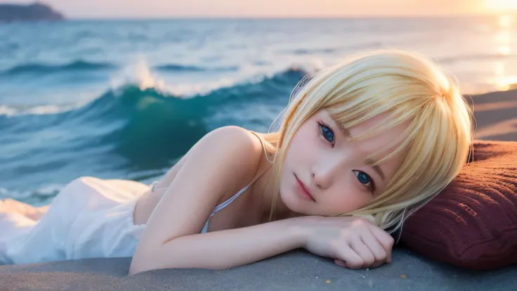 anime、Blonde、Girl lying down and sleeping、evening、sea