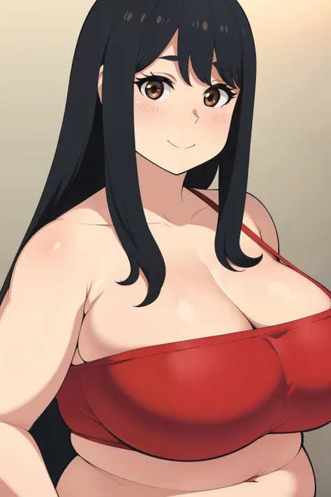 chubby big boobs black hair brown eyes happy long messy hair blushing smile deredere