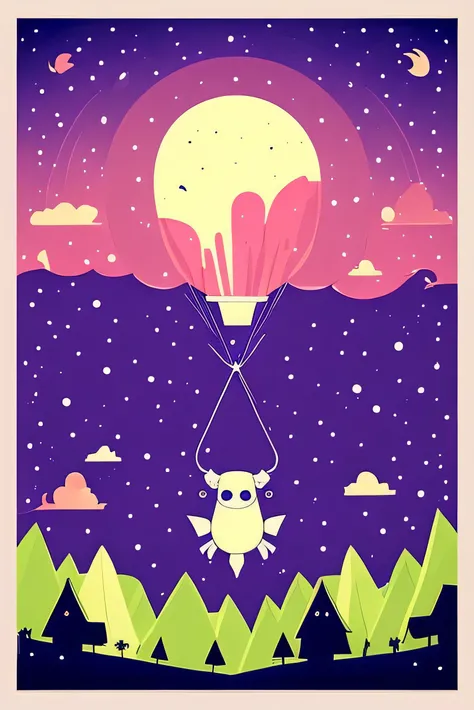 alien abducting cow, cute cartoon style design, farm, night, vibrant night sky