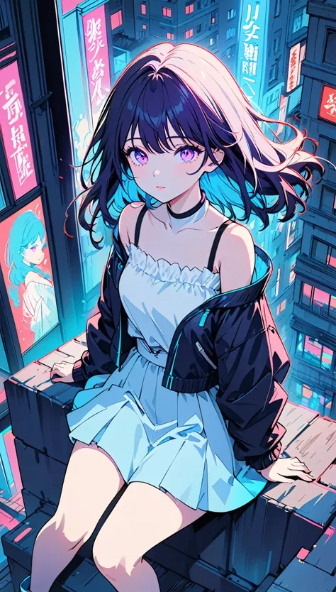 masterpiece,best quality,1 synth wave style girl,blue outline,streets with neon lights,blue fluorescent coatings,solo,from above,cowboy shot,sitting on the top of the building,extremely detailed CG,flat color,limited palette,noline art,silhouette,partially...