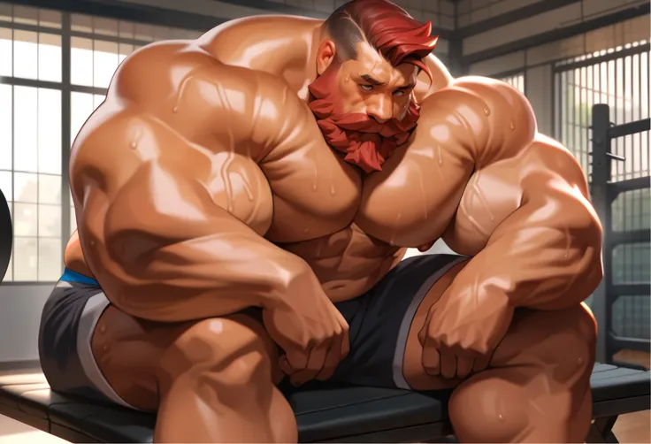 solo, 1boy, Muscular Old man, wide shoulder, pectoral, thick arms, huge pectoral, wide pectoral, sitting on gym, short red hair, detailed eyes, shorts, sweat, shirtless, masterpiece, semirealistic:1.2, high detailed, 8k, high resolution