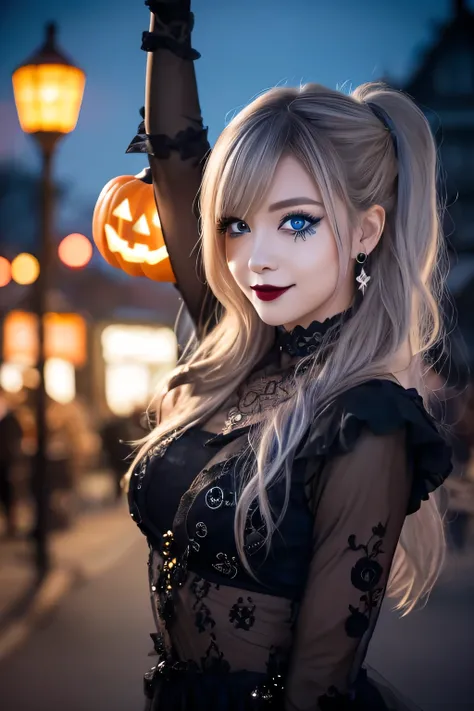 ((masterpiece)), ((best quality)), (ultra-detailed), ((kawaii)), cute, (lovely), ((extremely detailed)), 4K, (8K), best quality, (beautiful), photorealistic, upper body, (arm up), a pretty woman, young woman, in spooky Halloween outfit, city festival, play...