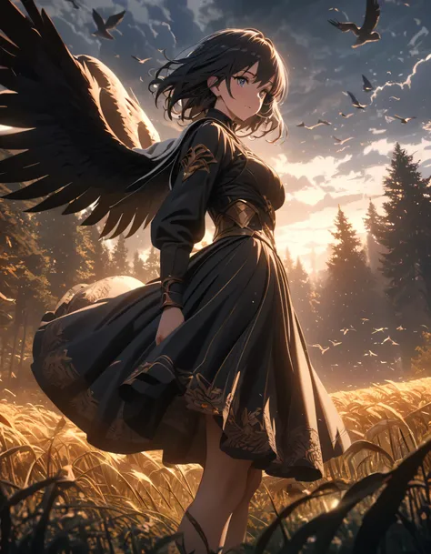 anime aestetic, dark fantasy aestetics, grim fantasy, big open field with low dry grass, forest far at the background, nature aestetics, white bitrds at the field, flying birds in the sky, cloudy skies, cloudy wheather, cinematic light, ray tracing ,atmosp...