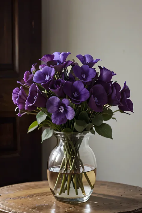 a bouquet of violets in a vase, HARMONIOUSLY, aesthetically pleasing, Photo